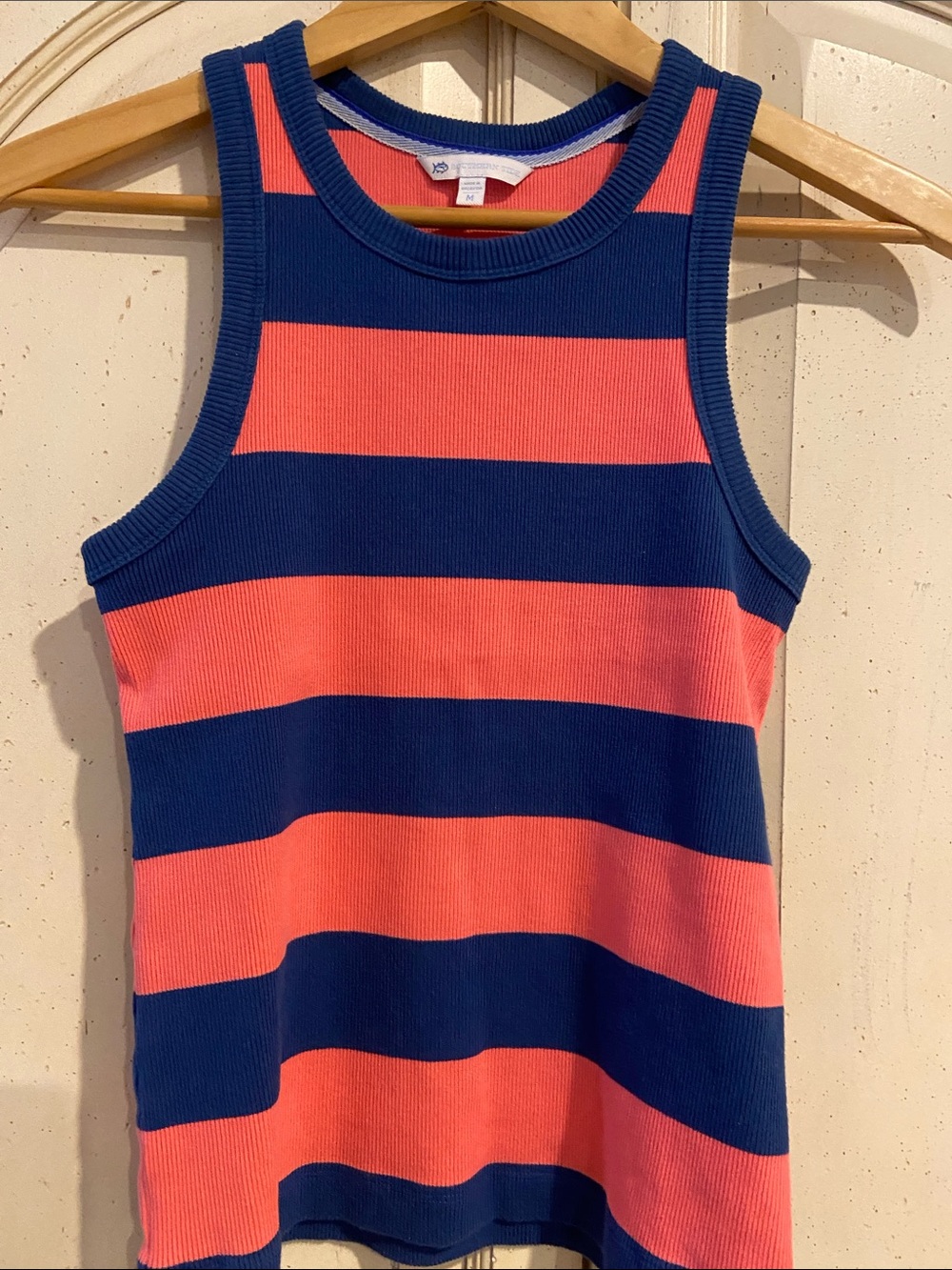 Southern Tide Navy and Coral Striped Ribbed Tank Top
